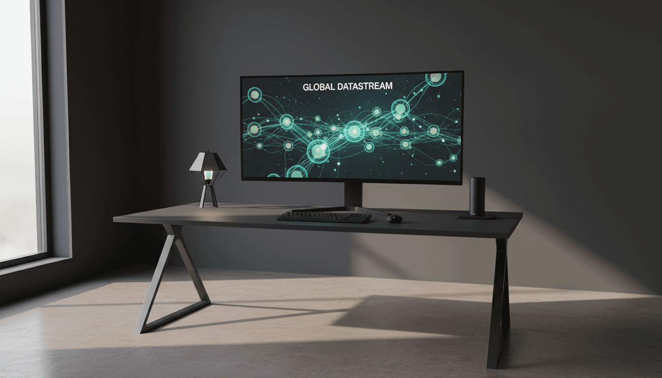 Modern workspace with digital commerce network visualization on monitor