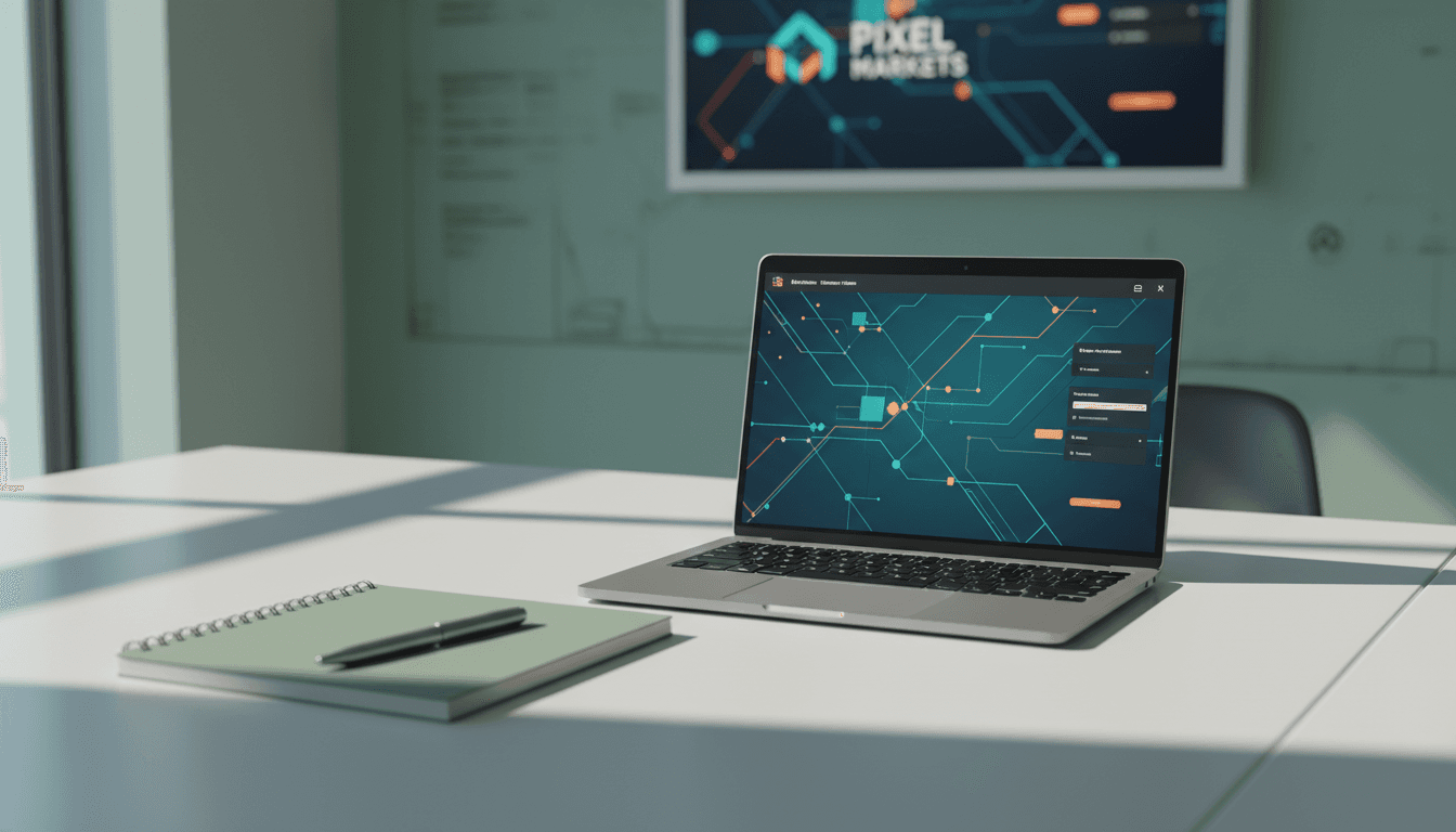 Professional workspace at Pixel Markets in Marseille, featuring a minimalist desk setup with a laptop displaying a digital commerce dashboard interface